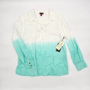 NWT Vince Camuto Linen Blue & White Dip Dye Shirt Tunic Top  M